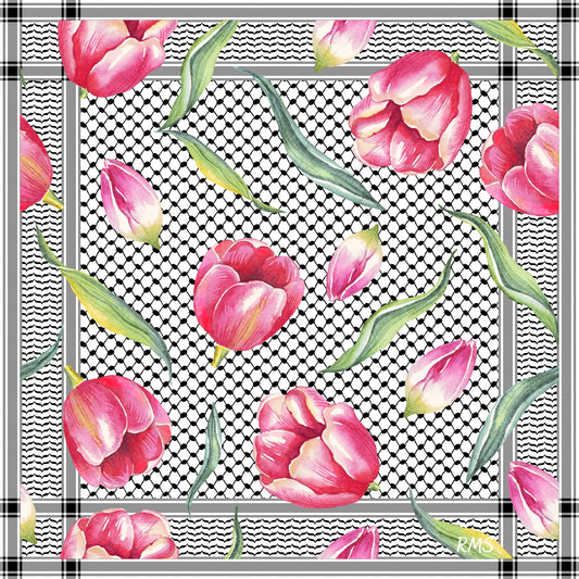 Palestinian Keffiyeh showing Floral pattern with pink tulips on a black and white checkered background