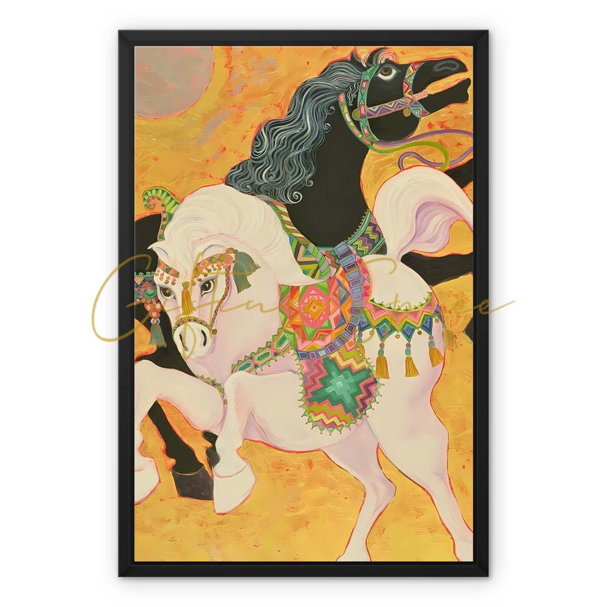 ‘Antar and Abla’ - Laila Shawa’s 1989 Artwork on Framed Canvas 'Antar and Abla' Framed Art Canvas Fine art kite-898059576 18"x24" / Black Frame / Image Wrap - Gifting Spree