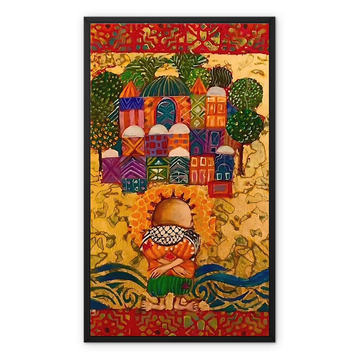 Handala Framed Canvas - Laila Shawa’s Statement Art 'Handala and the Great March of Return' Framed Canvas Fine art kite-896770546 20"x24" / Black Frame / Image Wrap - Gifting Spree