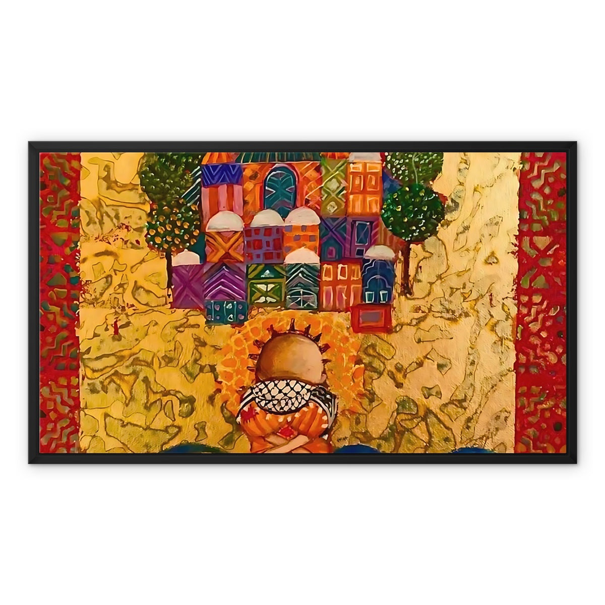 Handala Framed Canvas - Laila Shawa’s Statement Art 'Handala and the Great March of Return' Framed Canvas Fine art kite-896770548 24"x20" / Black Frame / Image Wrap - Gifting Spree