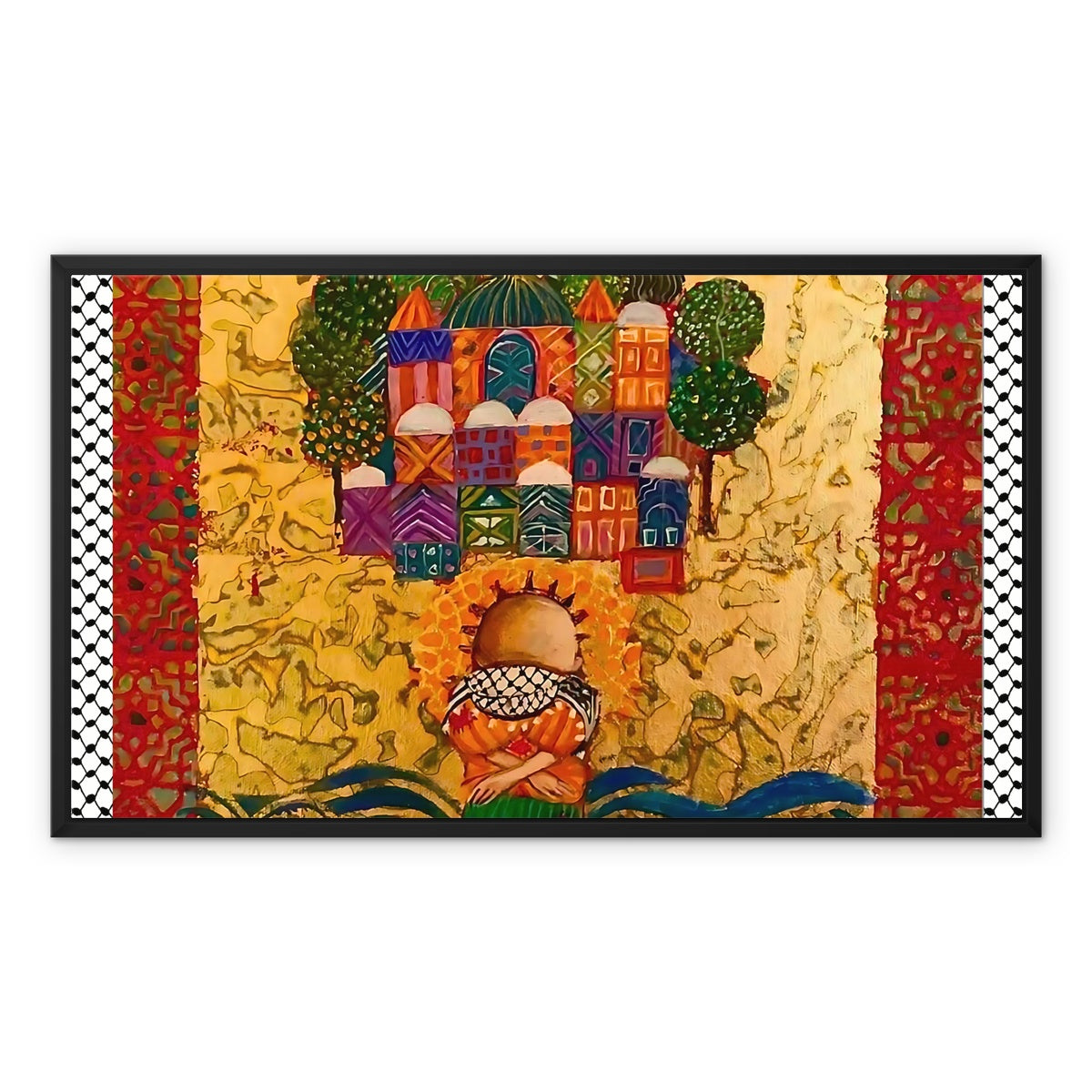 Handala Framed Canvas - Laila Shawa’s Statement Art 'Handala and the Great March of Return' Framed Canvas Fine art kite-896770549 24"x20" / Black Frame / White Wrap - Gifting Spree