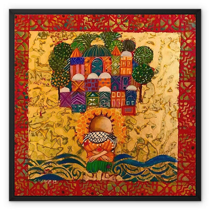 Handala Framed Canvas - Laila Shawa’s Statement Art 'Handala and the Great March of Return' Framed Canvas Fine art kite-896770554 24"x24" / Black Frame / Image Wrap - Gifting Spree