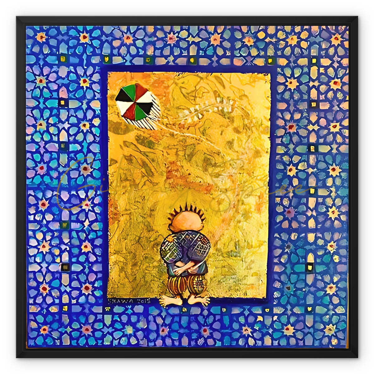 ‘Handala and the Kite’ - Laila Shawa’s Artwork on Framed Canvas 'Handala and the Kite' Framed Canvas Art Print Fine art kite-896964729 24"x24" / Black Frame / White Wrap - Gifting Spree