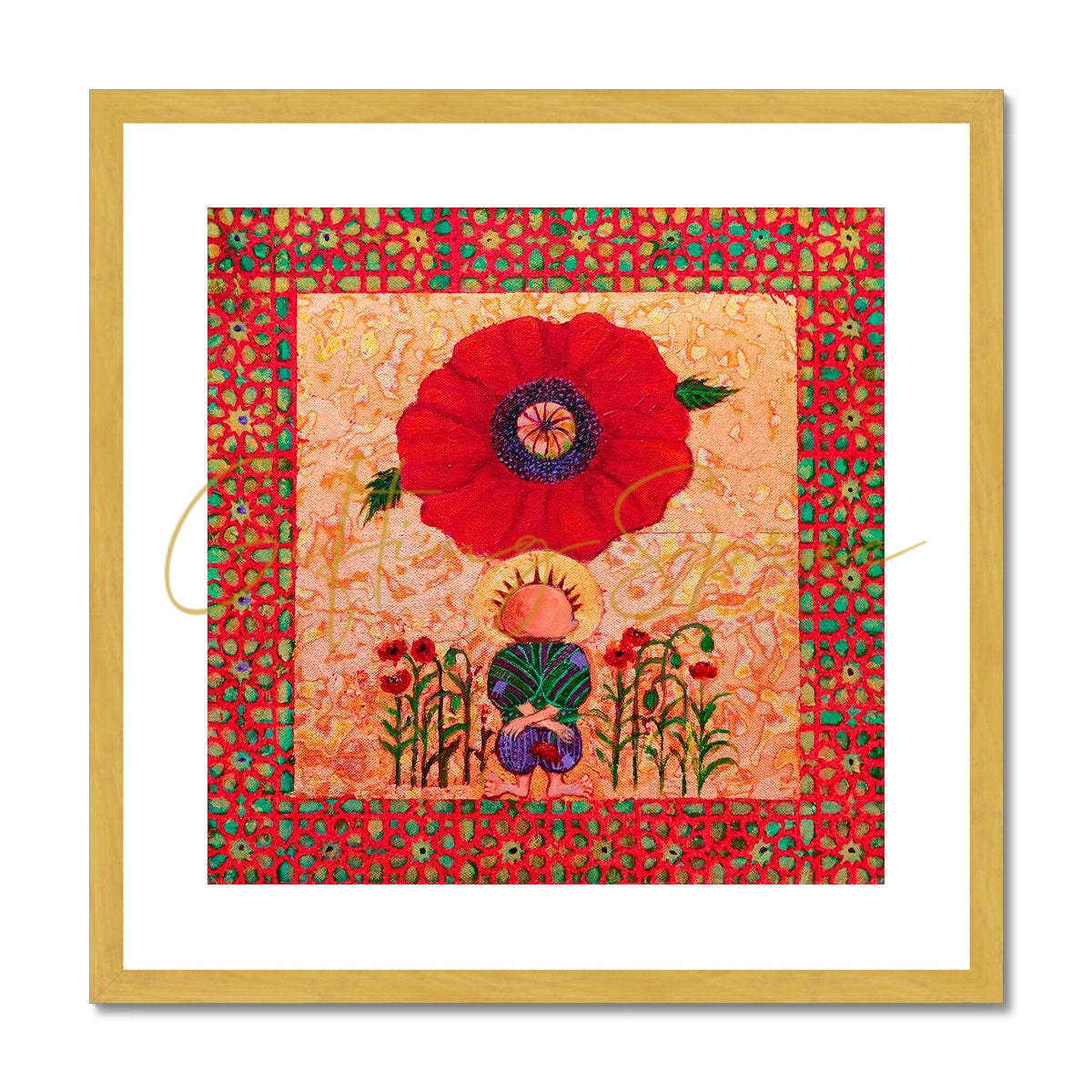 'Handala and The Poppy' Antique Framed & Mounted Print Fine art kite-913443665 12"x12" / Gold Frame - Gifting Spree