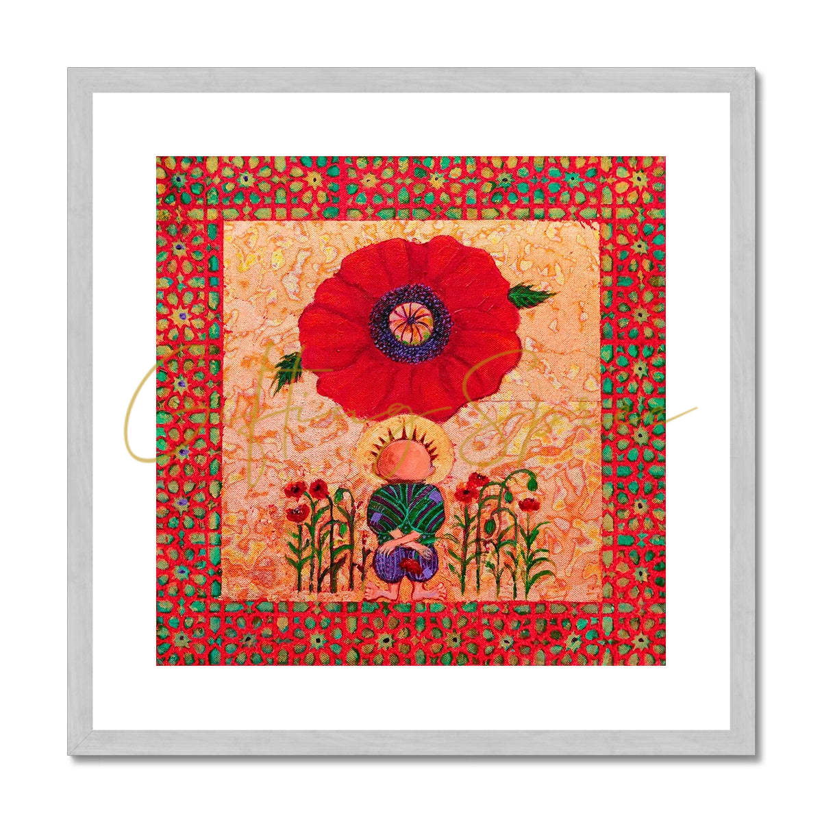 'Handala and The Poppy' Antique Framed & Mounted Print Fine art kite-913443666 12"x12" / Silver Frame - Gifting Spree