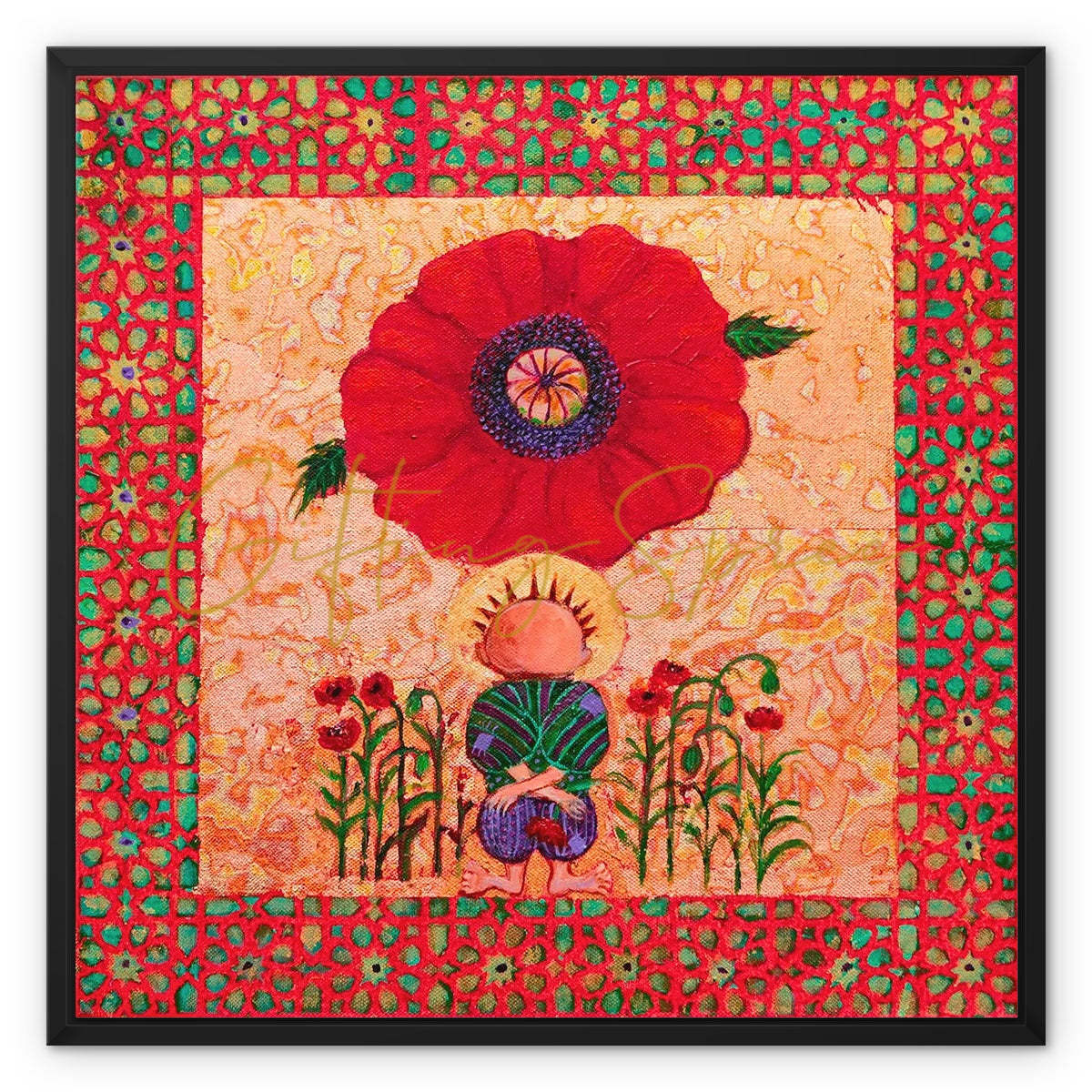 Laila Shawa’s ‘Handala and The Poppy’ on Framed Canvas 'Handala and The Poppy' Framed Canvas Art Print Fine art kite-913444030 24"x24" / Black Frame / White Wrap - Gifting Spree