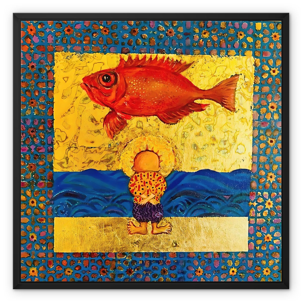 Handala and the Red Fish, 2018 Framed Canvas | Art Print 'Handala and the Red Fish' Framed Canvas Fine art kite-897188090 24"x24" / Black Frame / White Wrap - Gifting Spree