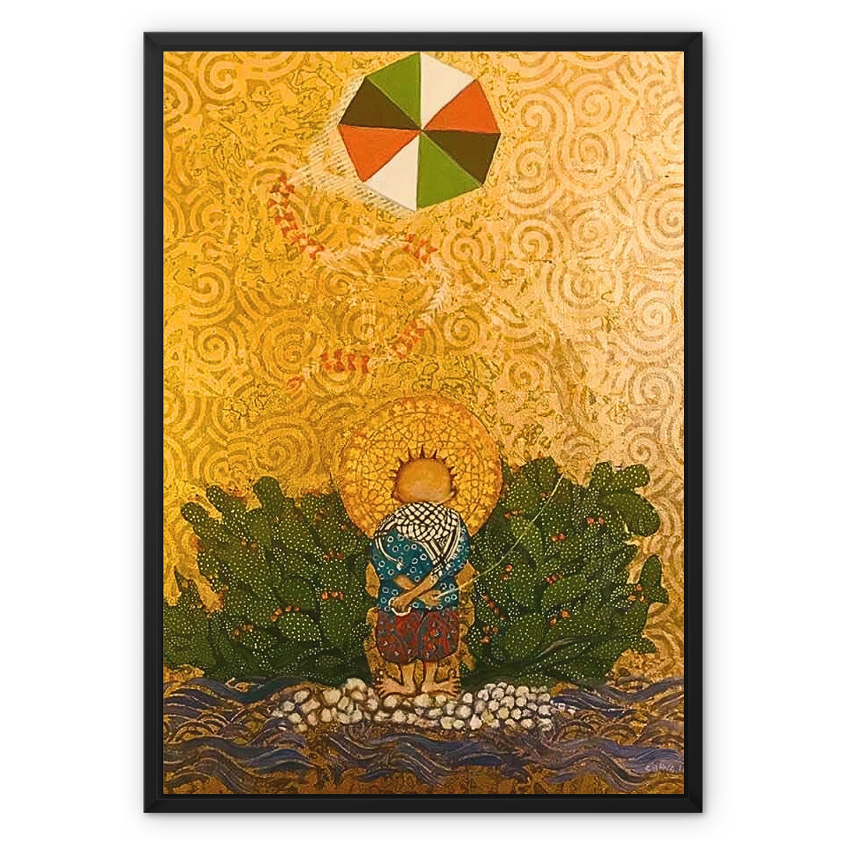 'Handala & The Kite Flying High' Framed Canvas Fine art kite-919165729 20"x28" / Black Frame / Image Wrap - Gifting Spree