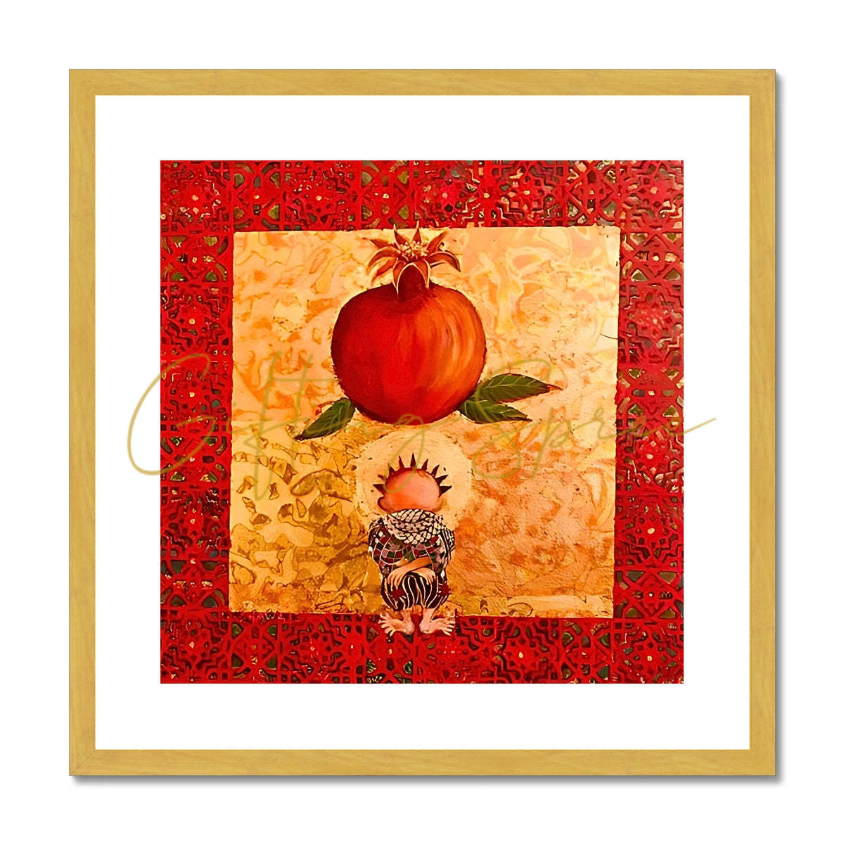 Laila Shawa’s Handala & The Pomegranate - Art Print 'Handala & The Pomegranate' Antique Framed & Mounted Print Fine art kite-909087701 12"x12" / Gold Frame - Gifting Spree