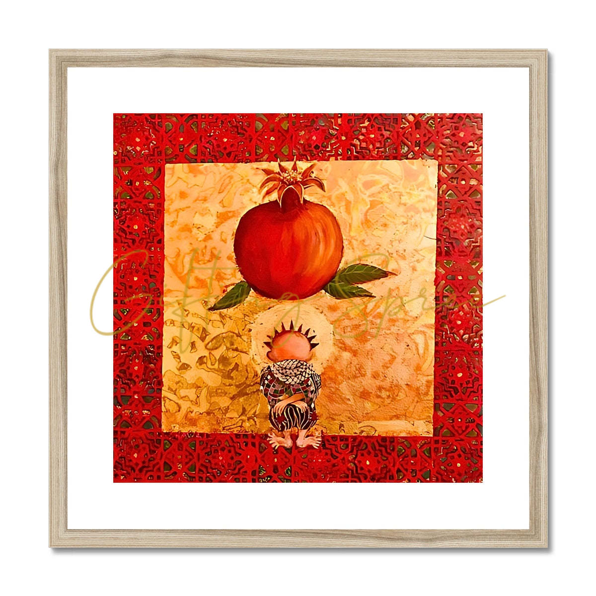 'Handala & The Pomegranate' Framed & Mounted Print Fine art kite-909087554 12"x12" / Natural Frame - Gifting Spree