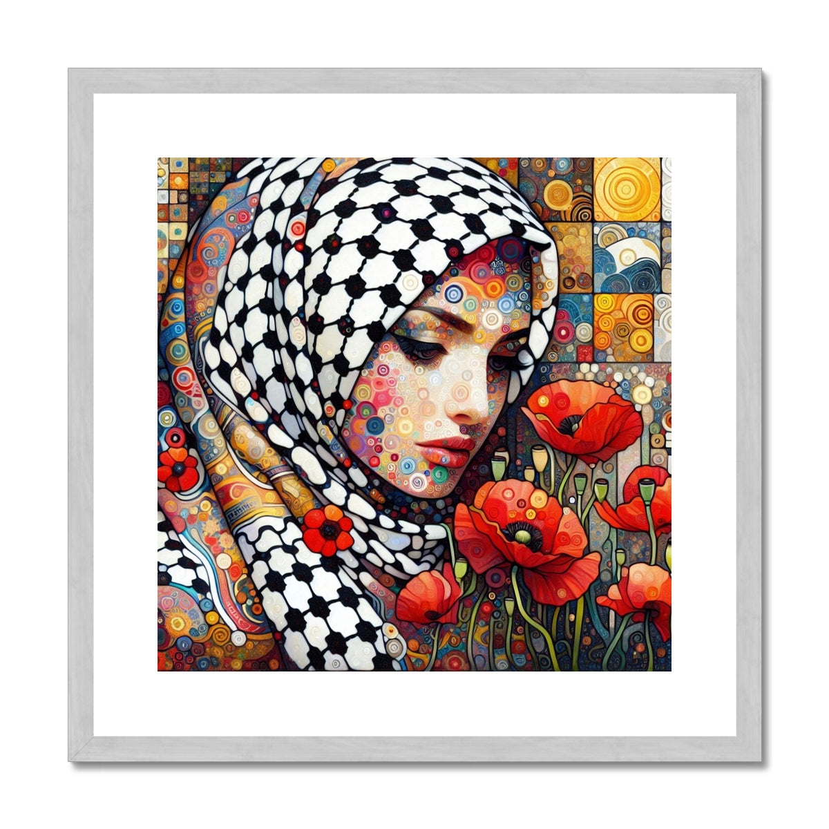 'Mother and Poppies' Antique Framed & Mounted Print Fine art kite-927573232 20"x20" / Silver Frame - Gifting Spree