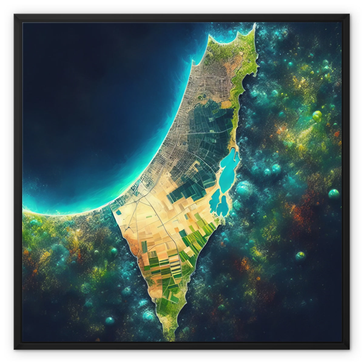 ‘Palestine Galaxy’ - Gifting Spree Team’s Nebula-Inspired Art 'Palestine Galaxy' Framed Canvas Fine art kite-909283684 28"x28" / Black Frame / Image Wrap - Gifting Spree