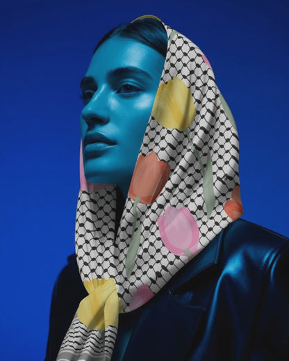 Palestine and Tulips Kuffiyeh Silk Scarf