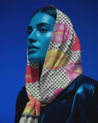 Palestinian Poppy Fields (Classic White) Kuffiyeh Silk Scarf - Laila Shawa