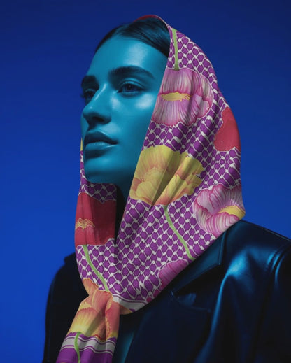 Palestinian Poppy Fields (Purple) Kuffiyeh Silk Scarf - Laila Shawa