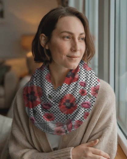 Palestine and Red Poppy Kuffiyeh Silk Scarf