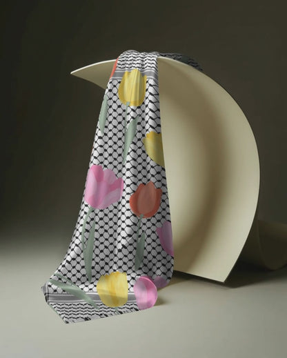 Palestine and Tulips Kuffiyeh Silk Scarf