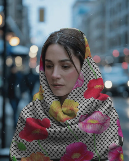 Palestinian Poppy Fields (Classic White) Kuffiyeh Silk Scarf - Laila Shawa