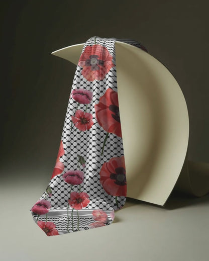 Palestine and Red Poppy Kuffiyeh Silk Scarf