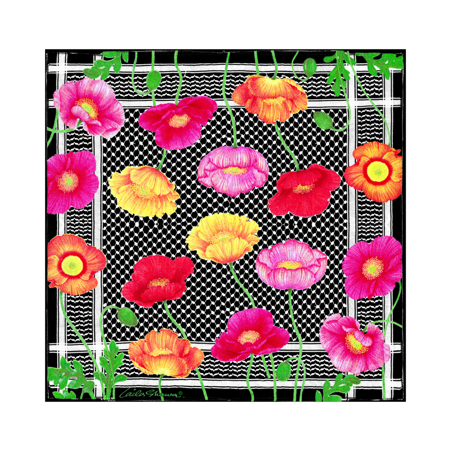 Luxury Pure Silk Scarf Palestinian Kuffiyah  - Laila Shawa Pure Silk Scarf (Black Kuffiyah & Poppies Abstract) Silk Scarf MNB90 90cm x 90cm - Gifting Spree