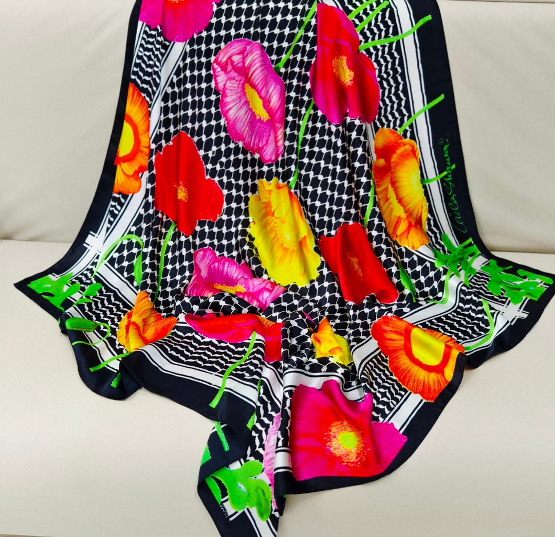 Luxury Pure Silk Scarf Palestinian Kuffiyah  - Laila Shawa Pure Silk Scarf (Black Kuffiyah & Poppies Abstract) Silk Scarf - Gifting Spree