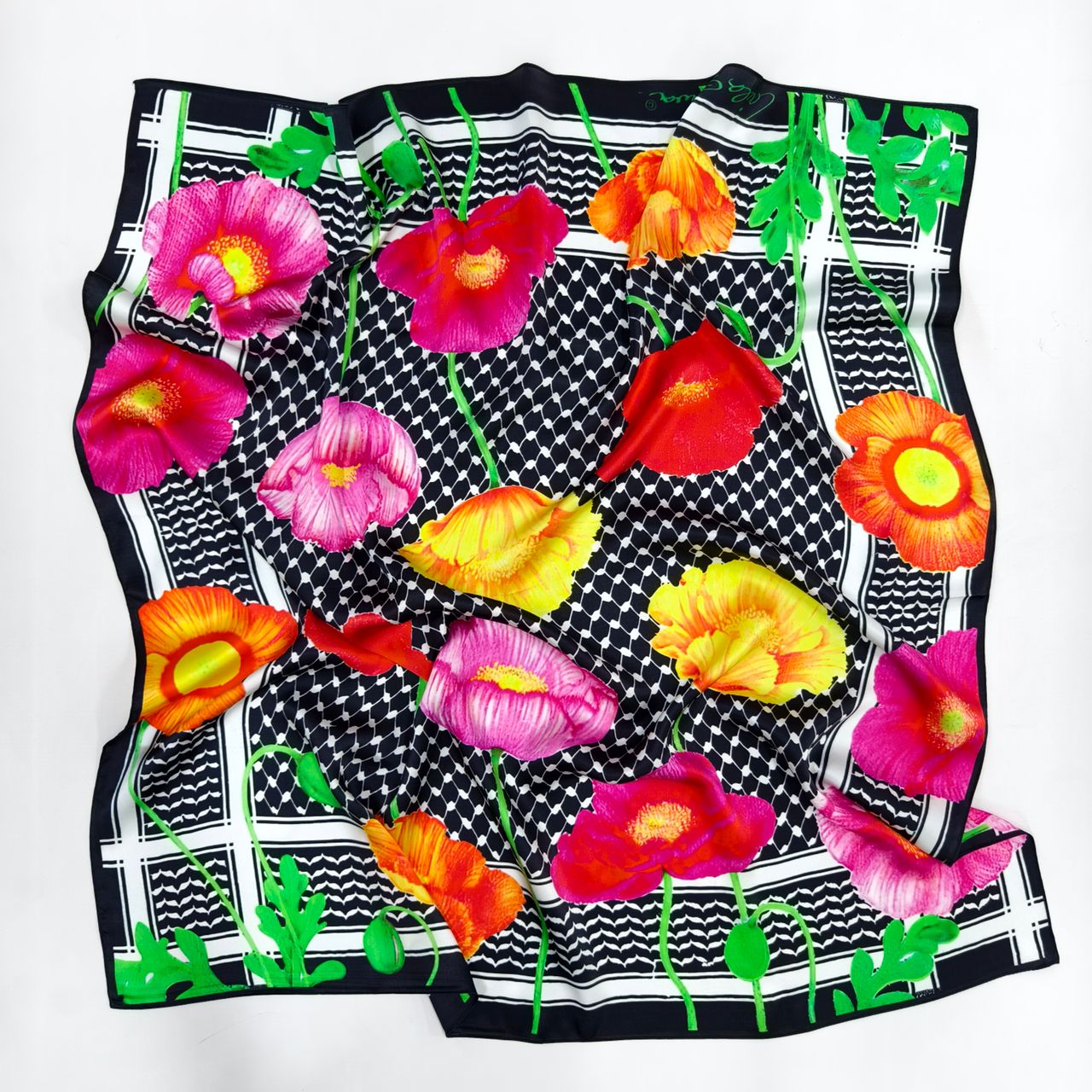 Luxury Pure Silk Scarf Palestinian Kuffiyah  - Laila Shawa Pure Silk Scarf (Black Kuffiyah & Poppies Abstract) Silk Scarf - Gifting Spree