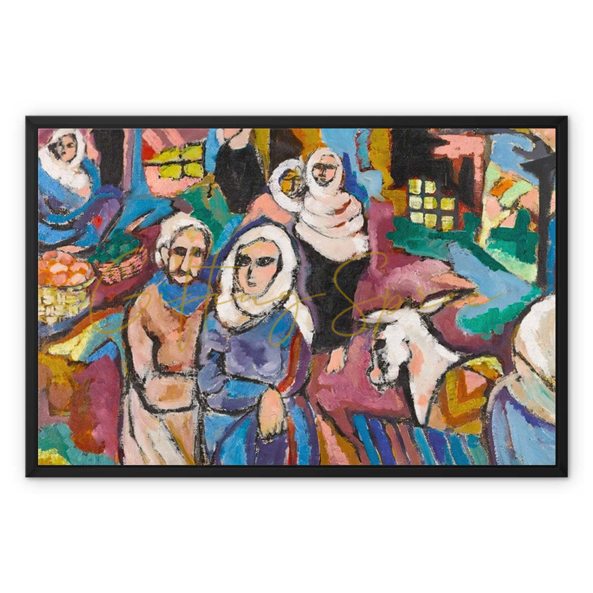 'The Souk in Gaza' Framed Canvas Fine art kite-909106034 30"x20" / Black Frame / Image Wrap - Gifting Spree