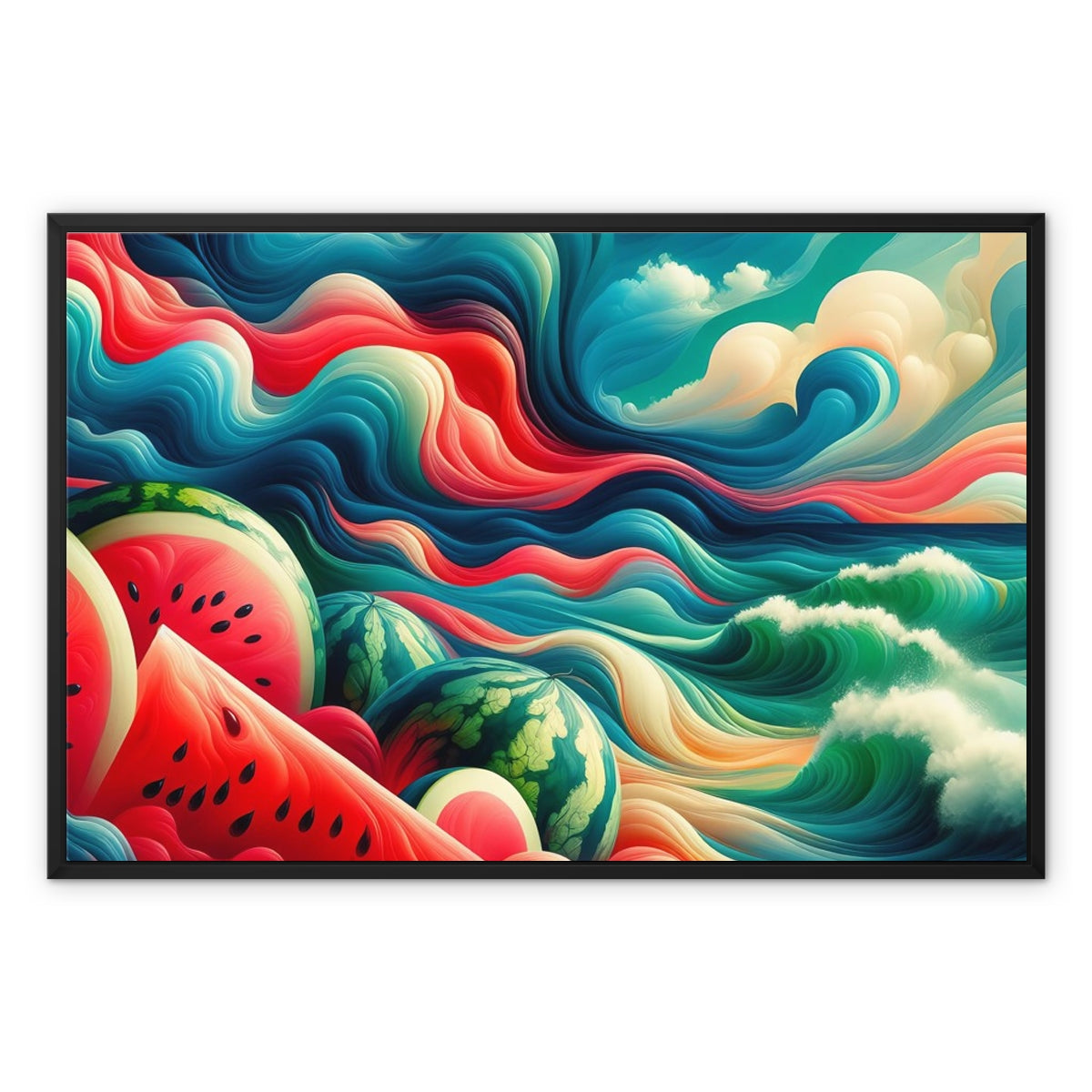 'Watermelons & The Sea' Framed Canvas Fine art kite-927176109 36"x24" / Black Frame / Image Wrap - Gifting Spree