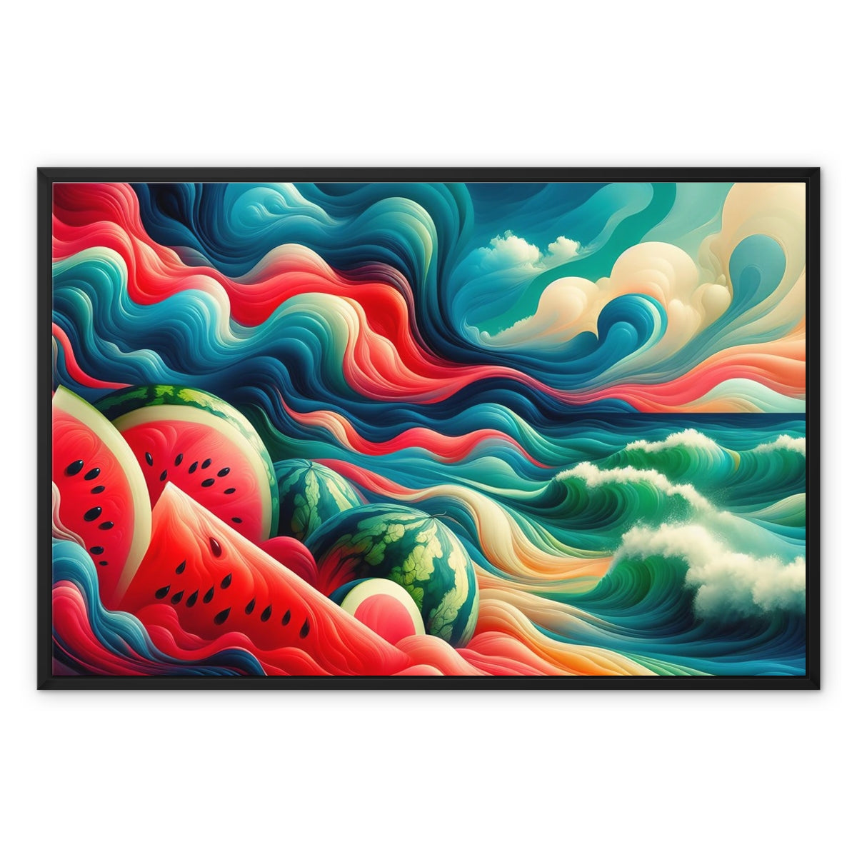 'Watermelons & The Sea' Framed Canvas Fine art kite-927176108 36"x24" / Black Frame / White Wrap - Gifting Spree