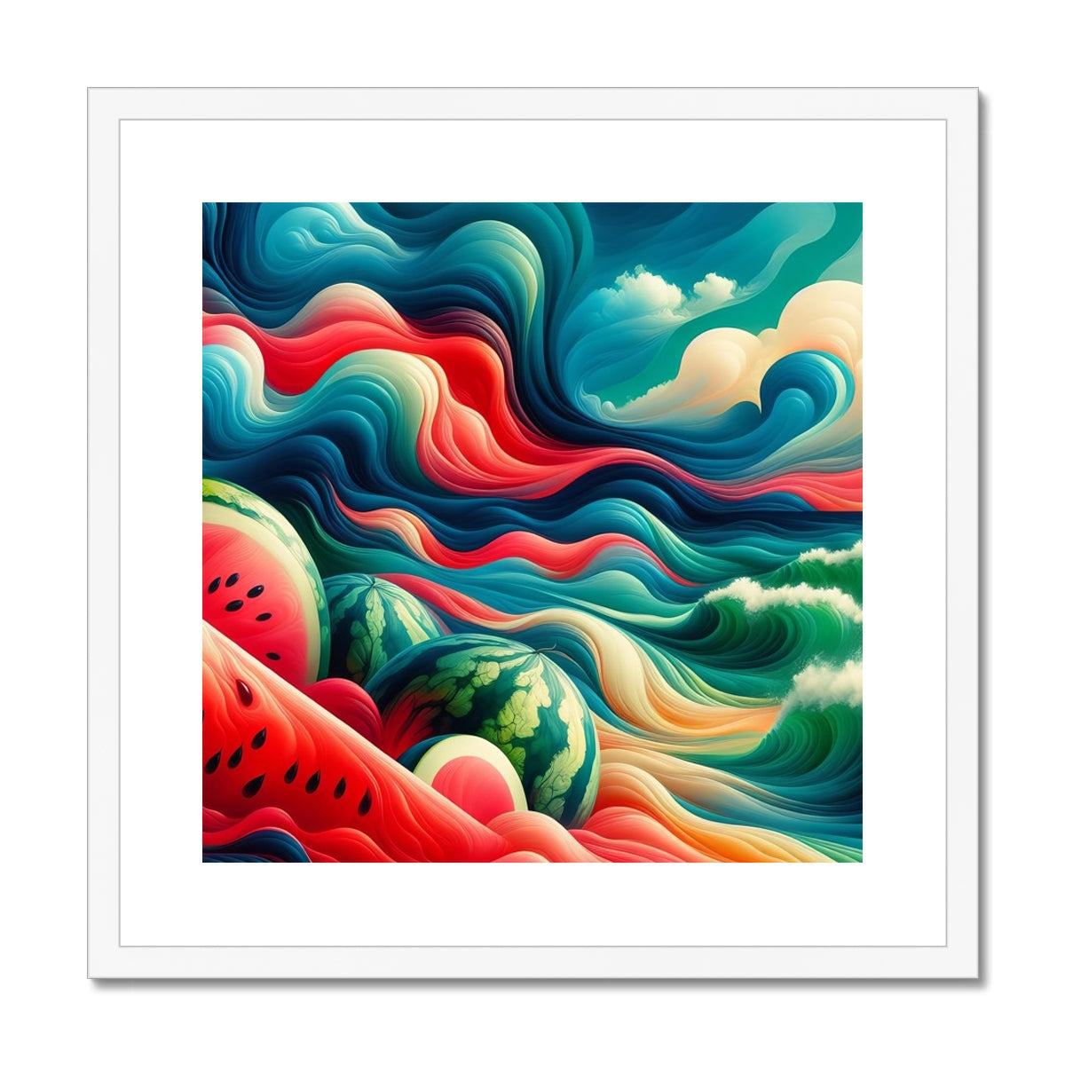 'Watermelons & The Sea' Framed & Mounted Print Fine art kite-927175615 20"x20" / White Frame - Gifting Spree