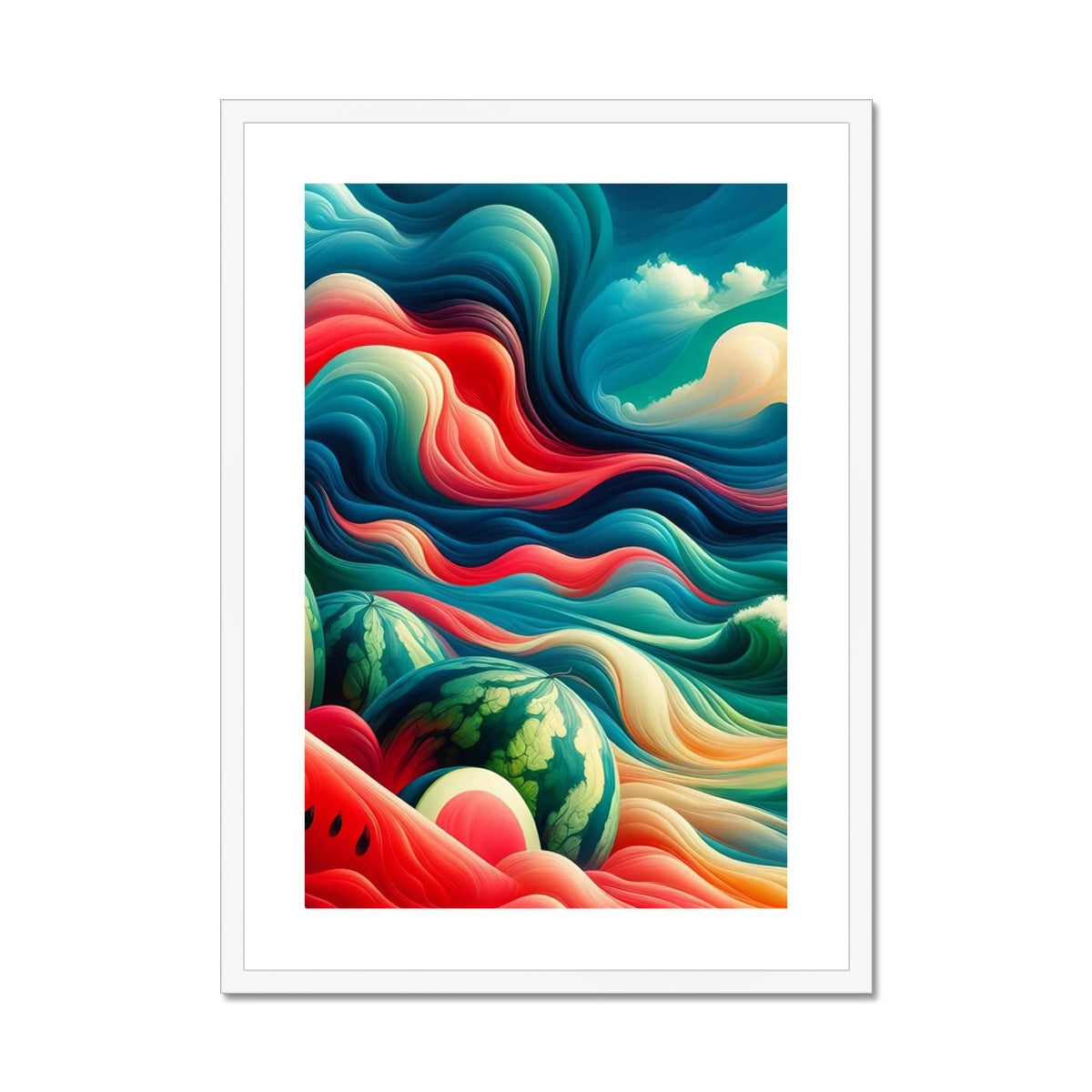 'Watermelons & The Sea' Framed & Mounted Print Fine art kite-927175624 20"x28" / White Frame - Gifting Spree