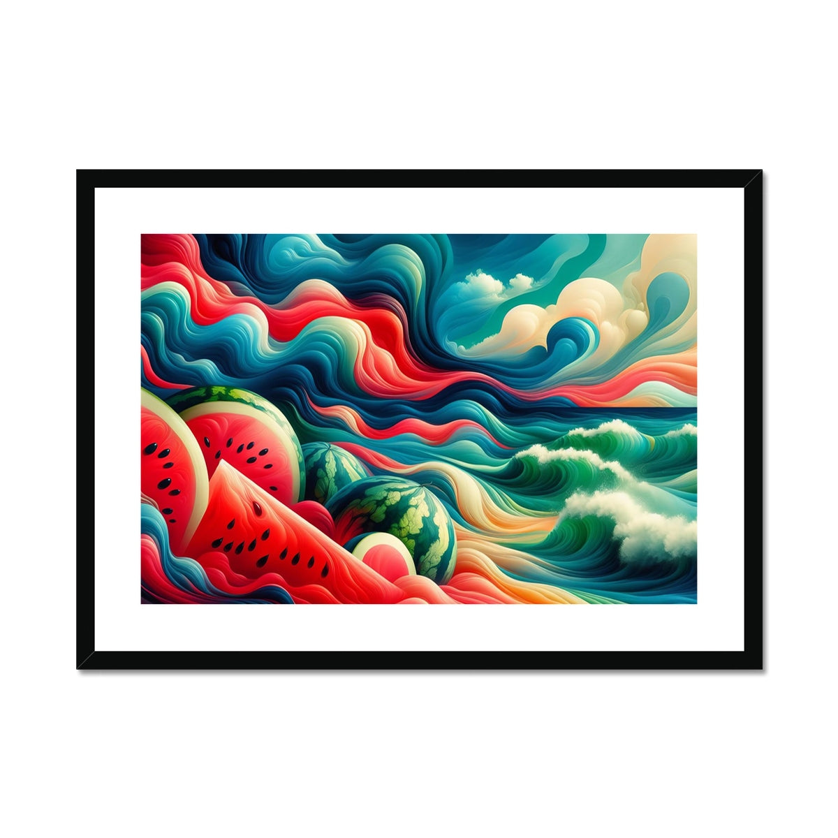 'Watermelons & The Sea' Framed & Mounted Print Fine art kite-927175626 28"x20" / Black Frame - Gifting Spree