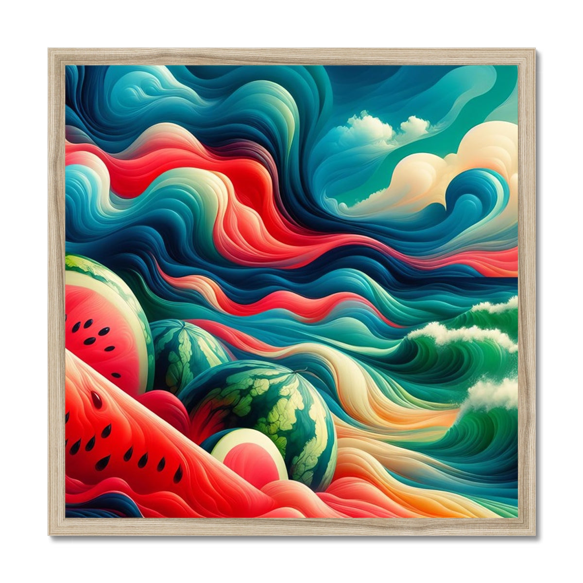 'Watermelons & The Sea' Framed Print Fine art kite-927175517 20"x20" / Natural Frame - Gifting Spree