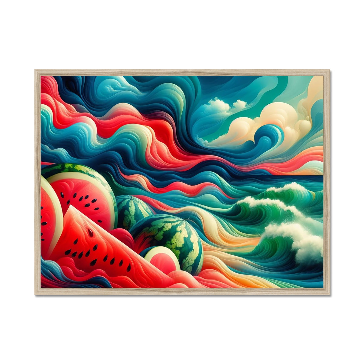 'Watermelons & The Sea' Framed Print Fine art kite-927175535 32"x24" / Natural Frame - Gifting Spree